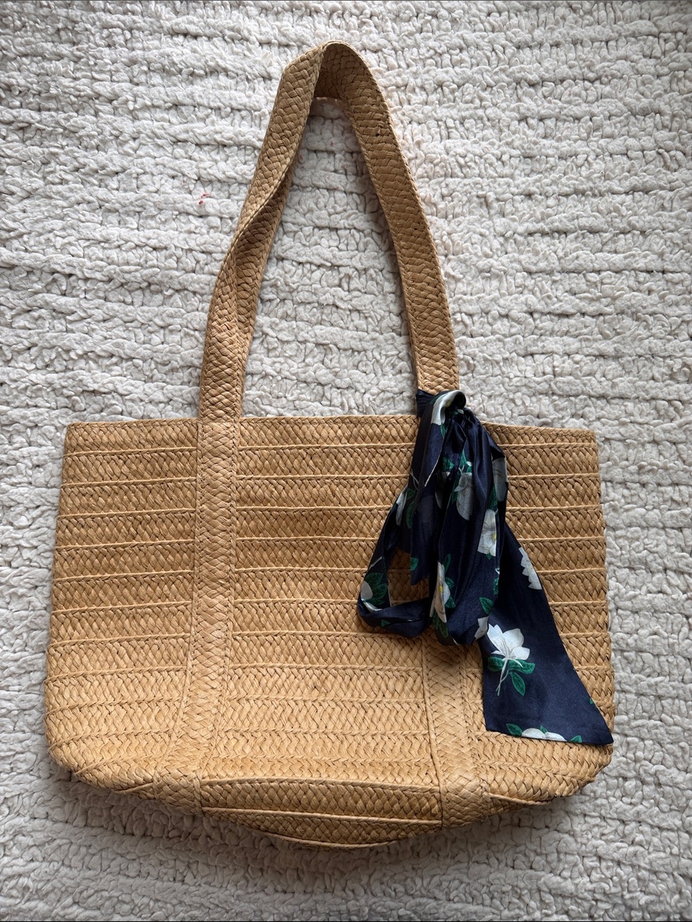 Draper James Classic Tan Woven Tote with Navy Floral Scarf Accent